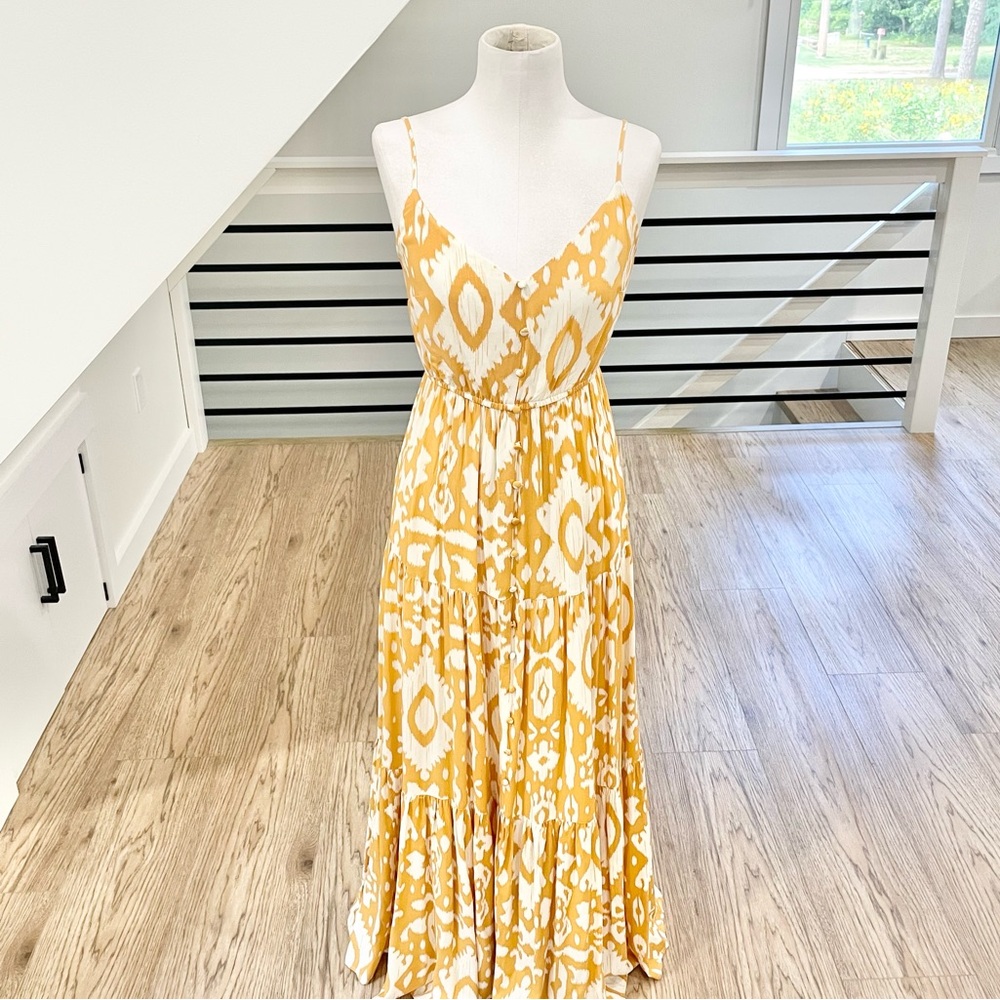 White and gold, yellow bohemian maxi dress with buttons - Picture 1 of 8